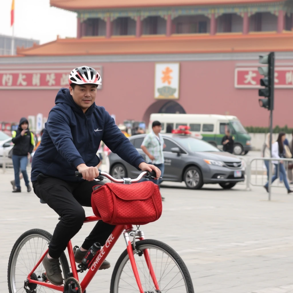 Jay Chou rode a bicycle at Tiananmen.