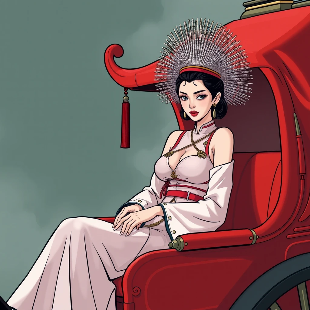 A chinese pale and gaunt lady sit on a red coach, comic style - Image