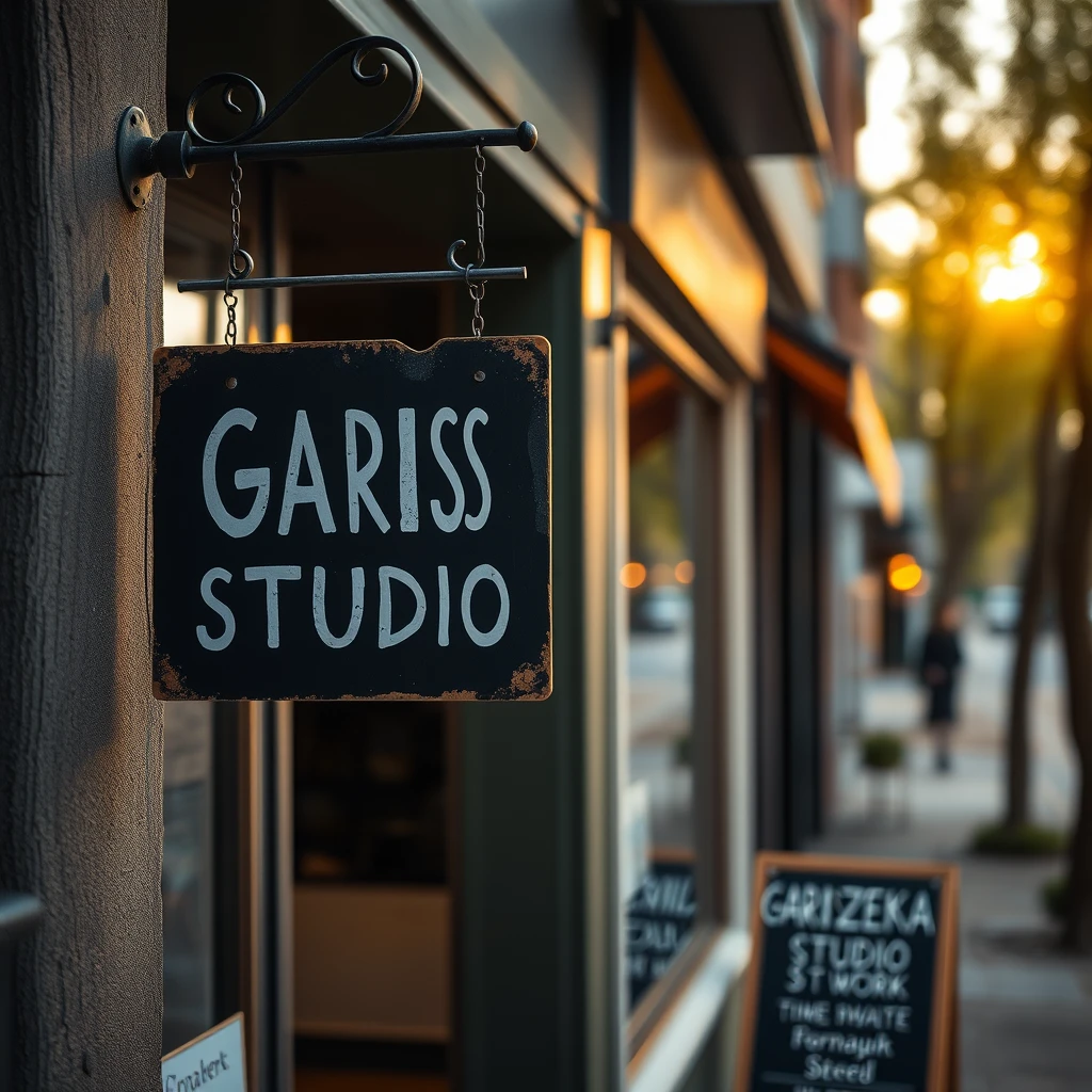 A shop at the street signage written "GARISREKA STUDIOWORK", bokeh, golden hour, outdoor.