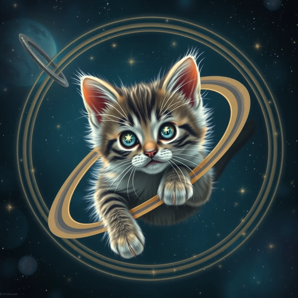 A kitten with stars in her eyes in the center of the universe playing with Saturn rings.