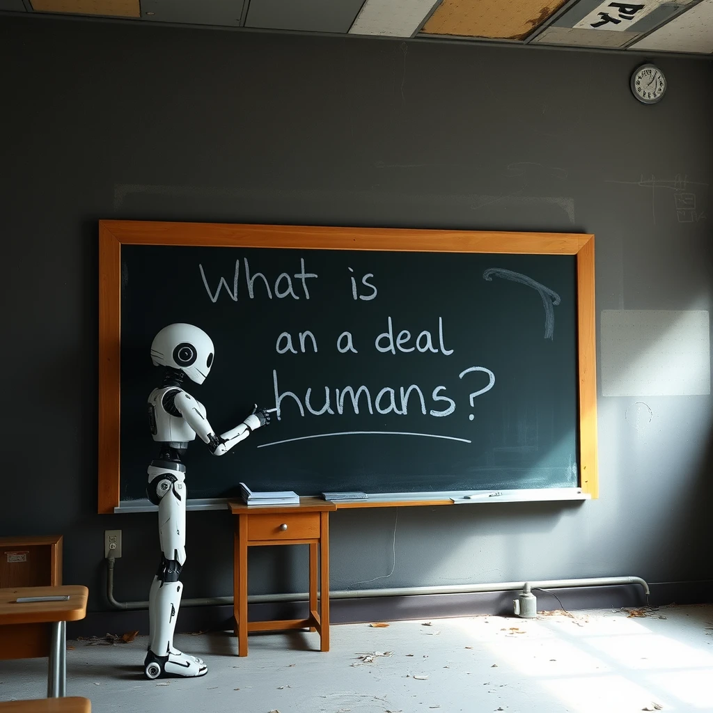 "What is the deal with humans?" a robot writes on a chalkboard inside of an abandoned classroom.