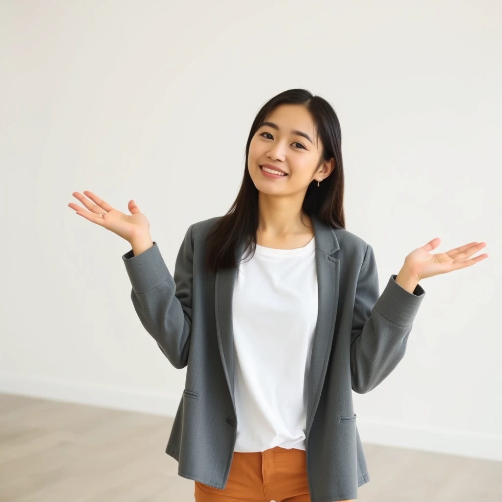 Asian woman holding hands out in an empty room with white background.