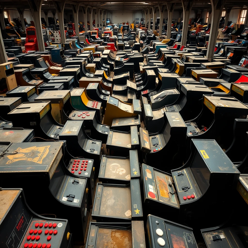 Photograph of an old warehouse with rows and rows of old arcade machines. The machines are packed in, so there's hardly any space between them. All types and colors of machines. Some of them larger than the others, some taken apart with wires. Dust on the machines. Many of the machines are black, but some are other colors. They have control panels with joysticks and buttons. The photo is taken from above, at an angle, close up. - Image