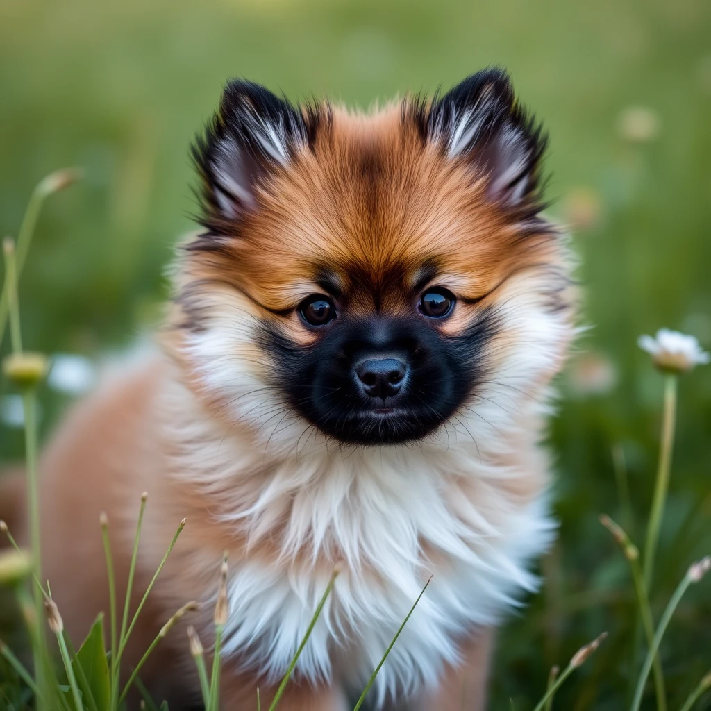 Portrait of a Pomeranian puppy in a field.