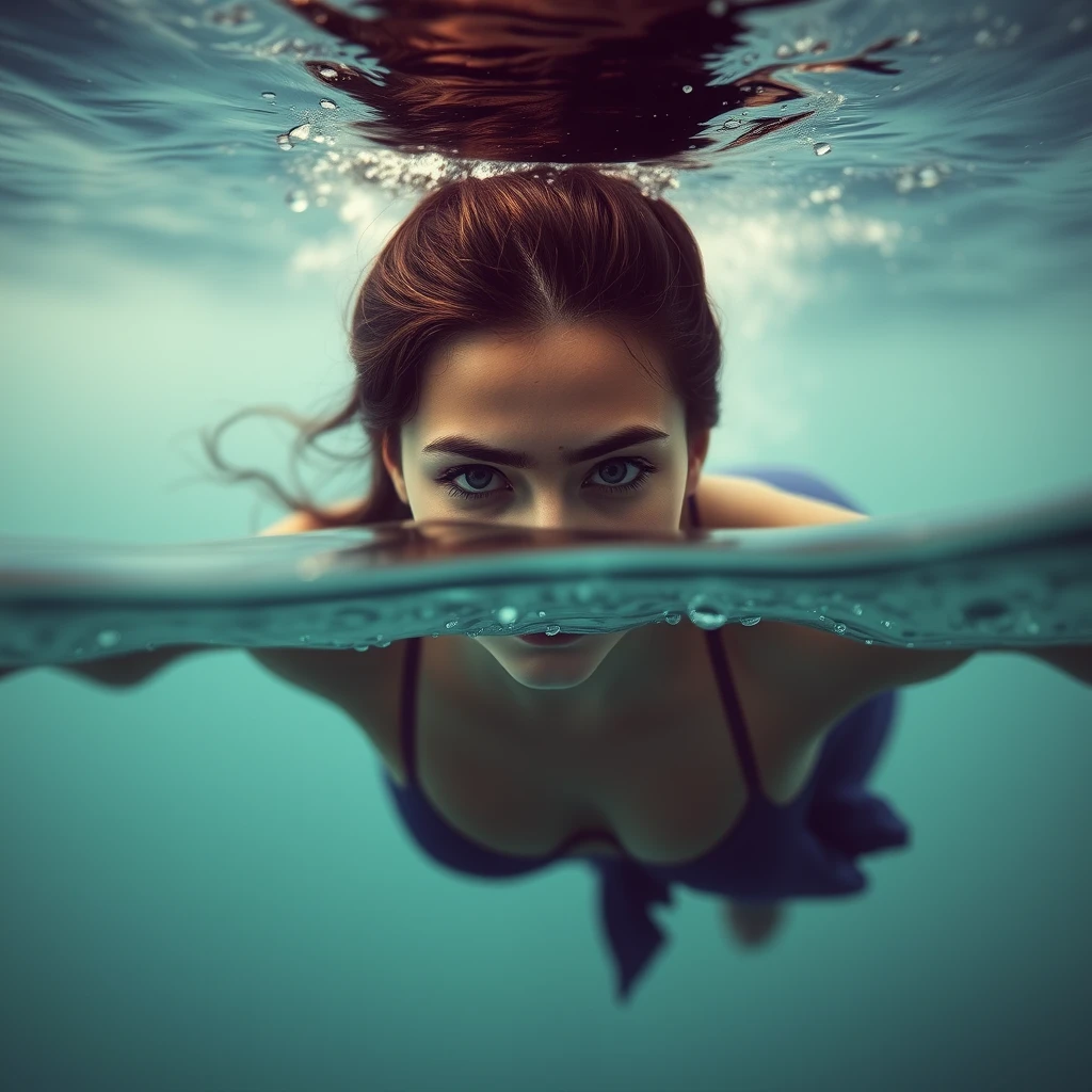 A symbolic portrait: A young woman swims underwater. - Image