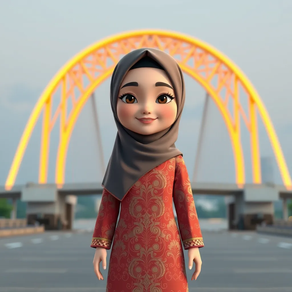 A 3D cartoon animation of a Muslim woman from Palembang, Indonesia, wearing a traditional long songket dress. She stands gracefully in front of the iconic Ampera Bridge, which arches beautifully in the background. The scene is rendered in stunning 8k resolution, capturing the vibrant colors and intricate details of the songket fabric. The woman's expression is serene and peaceful, with a gentle smile. The overall atmosphere is warm and welcoming, showcasing the cultural beauty and elegance of Palembang.