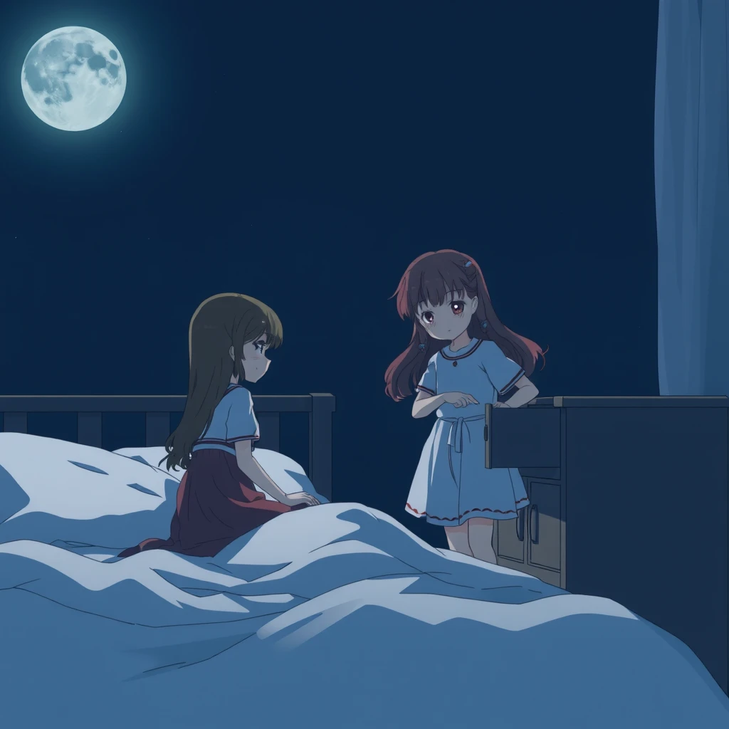 A woman sleeps on the bed while her daughter, standing nearby, is opening a drawer. Dark night, moonlight, atmosphere, anime, outline.