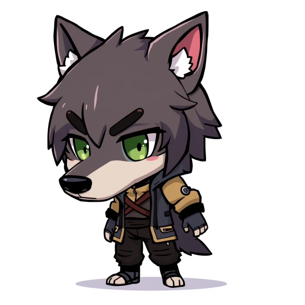 A 2D, chibi-style werewolf, with the head resembling a human, and the body having a complete outfit.