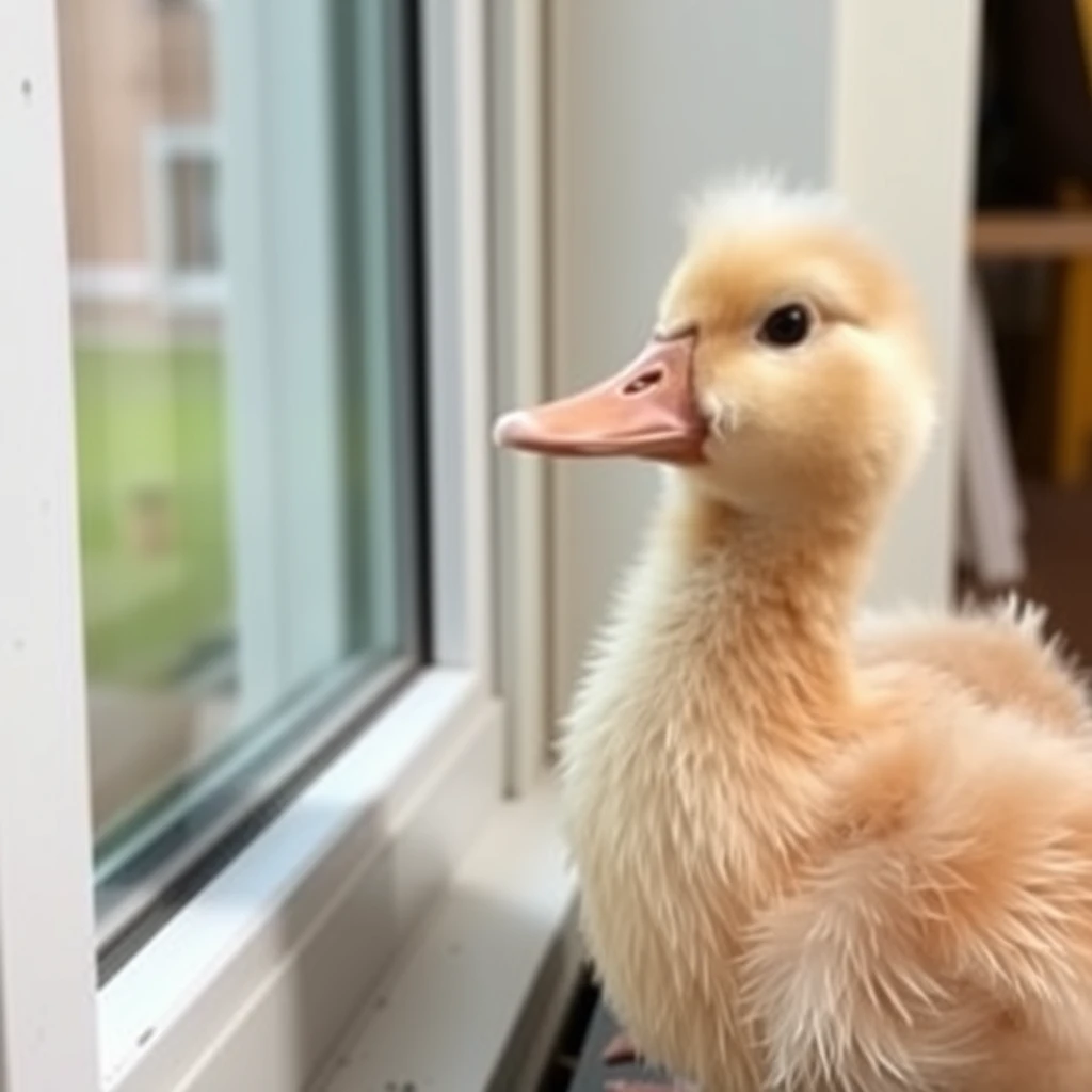 'Lila duck in Hamburg, going to the daycare next to a window.'