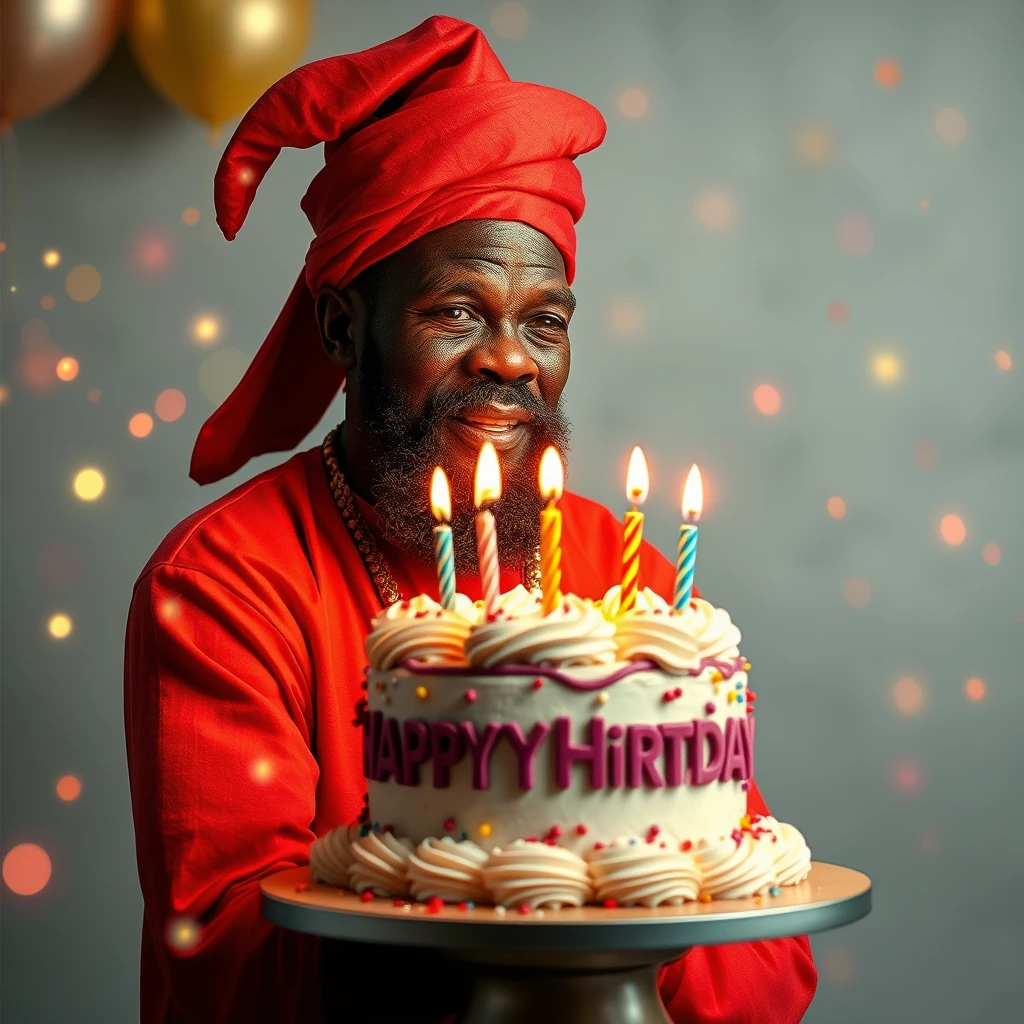 "created me a birthday image in the name of 'papa doundé' which contains birthday cakes and superb birthday effects."