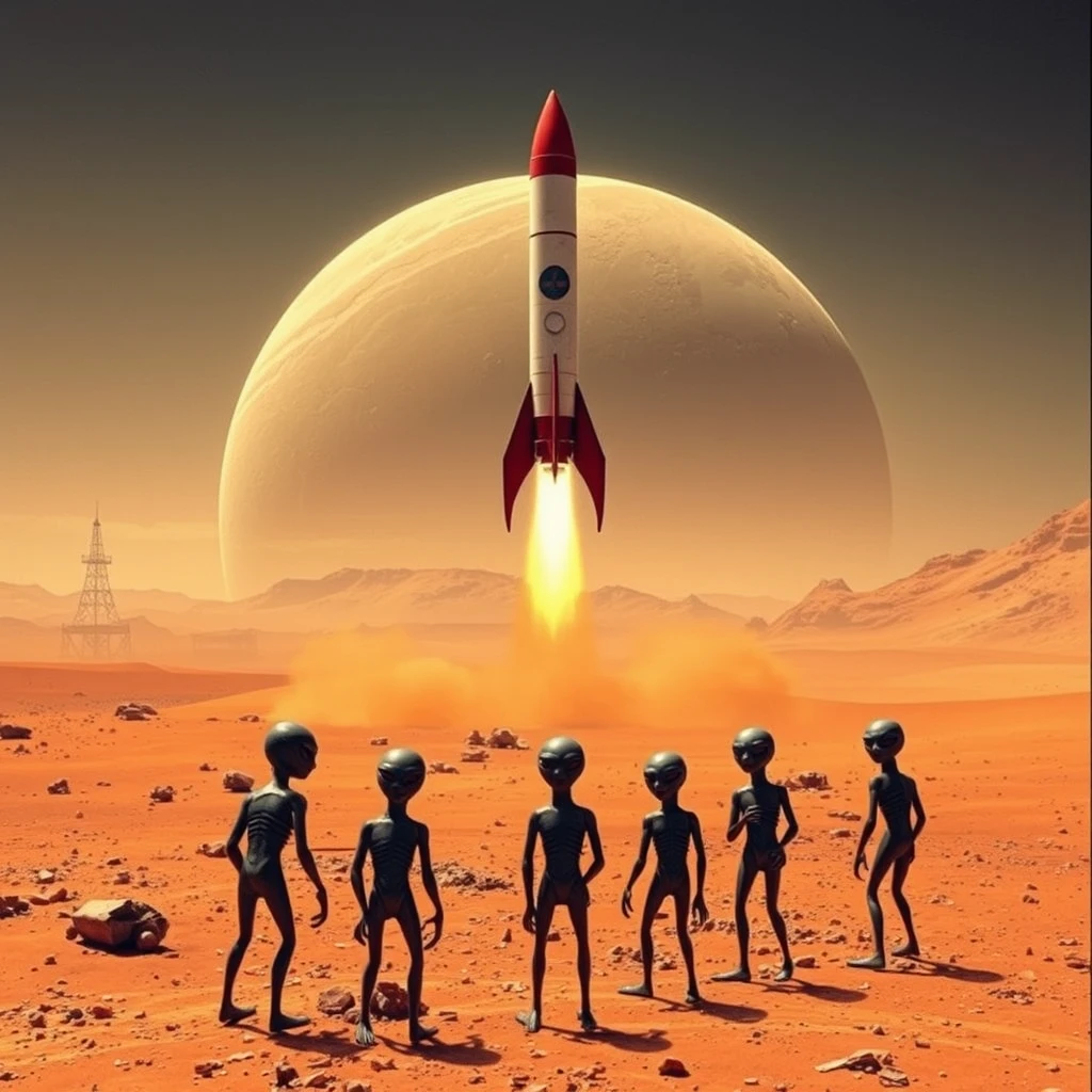 "Rocket landing on Mars, a group of aliens is watching, real and ultra-clear."