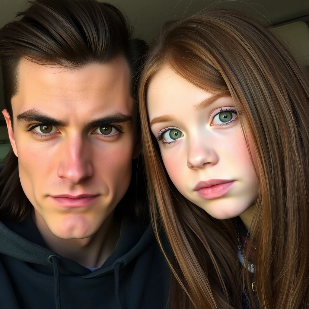 Skinny guy, long dark brown hair, sharp facial features, serious expression, smirk, slightly dark but pale skin, light brown eyes, thick eyebrows, long eyelashes next to a cute white ginger girl, small nose, pink lips, green eyes. - Image