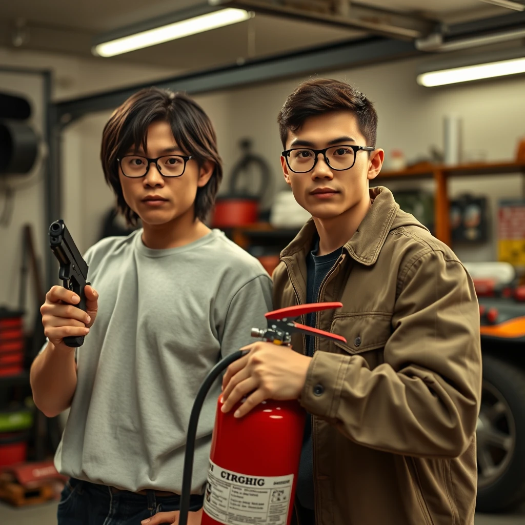 ("masculine 21-year-old white Chinese man with square glasses, medium-to-long length hair holding a pistol") and ("20-year-old young white European Italian man with round prescription glasses and short hair holding a large fire extinguisher"), garage setting.