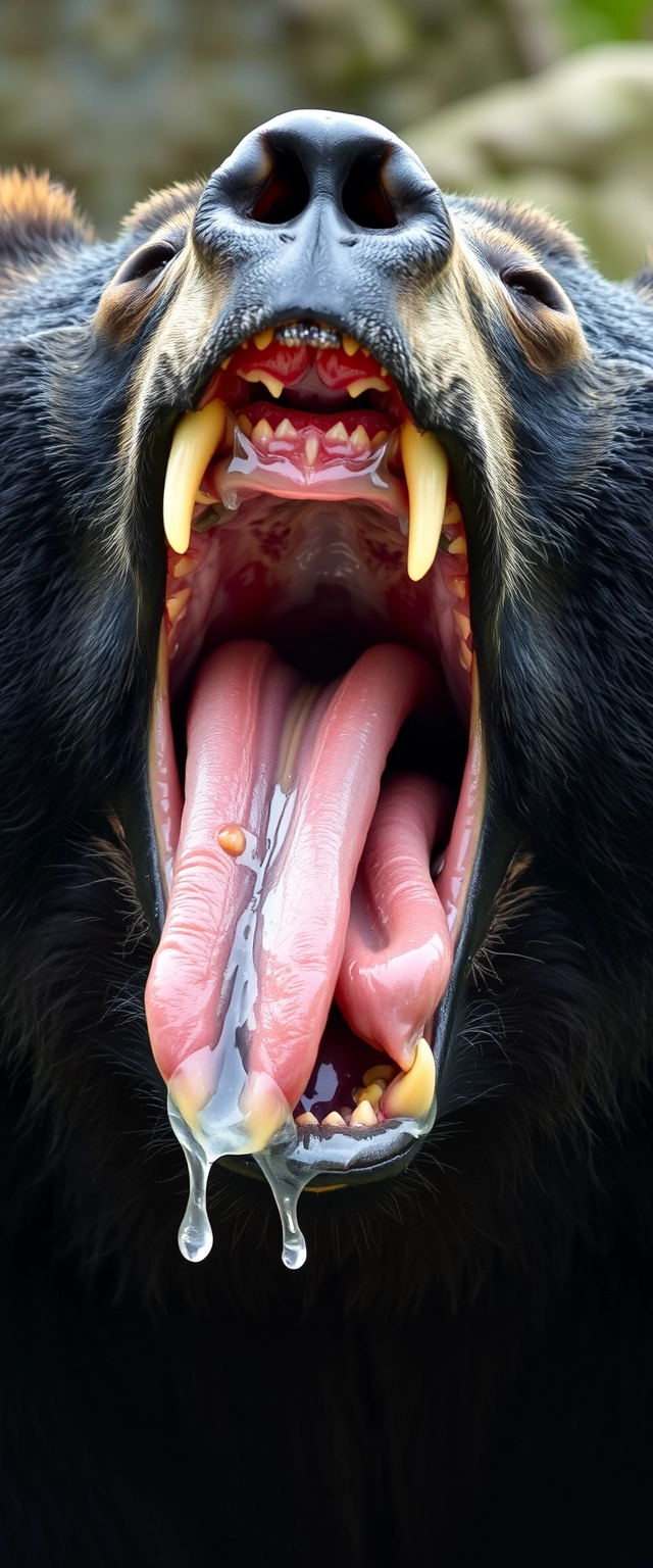 The black bear opens its mouth, which is very large, revealing sharp teeth. The teeth are very sharp, and the tongue is dripping with saliva, with a lot of saliva filling the entire mouth. The saliva is white, with hints of yellow and red in the middle, moistening the fur. The veins in the oral cavity are visible, and there are multiple tongues, illustrating the internal details of the throat. - Image