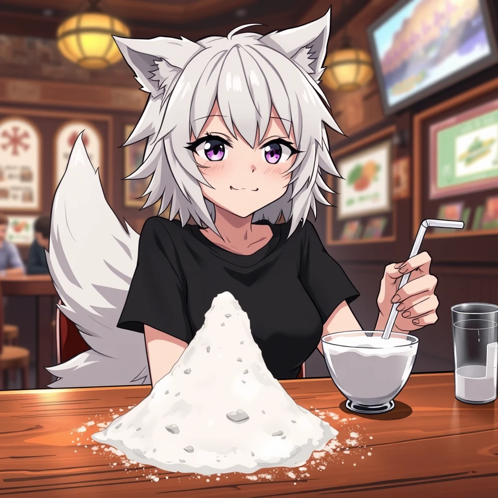 Anime woman with fluffy wolf ears and a fluffy tail, medium messy white hair, purple eyes, wearing a black t-shirt, sitting at a table in a bar. On the table is a tiny mountain of flour. The girl looks at the flour with a big crazy smile and has a straw in her right hand.