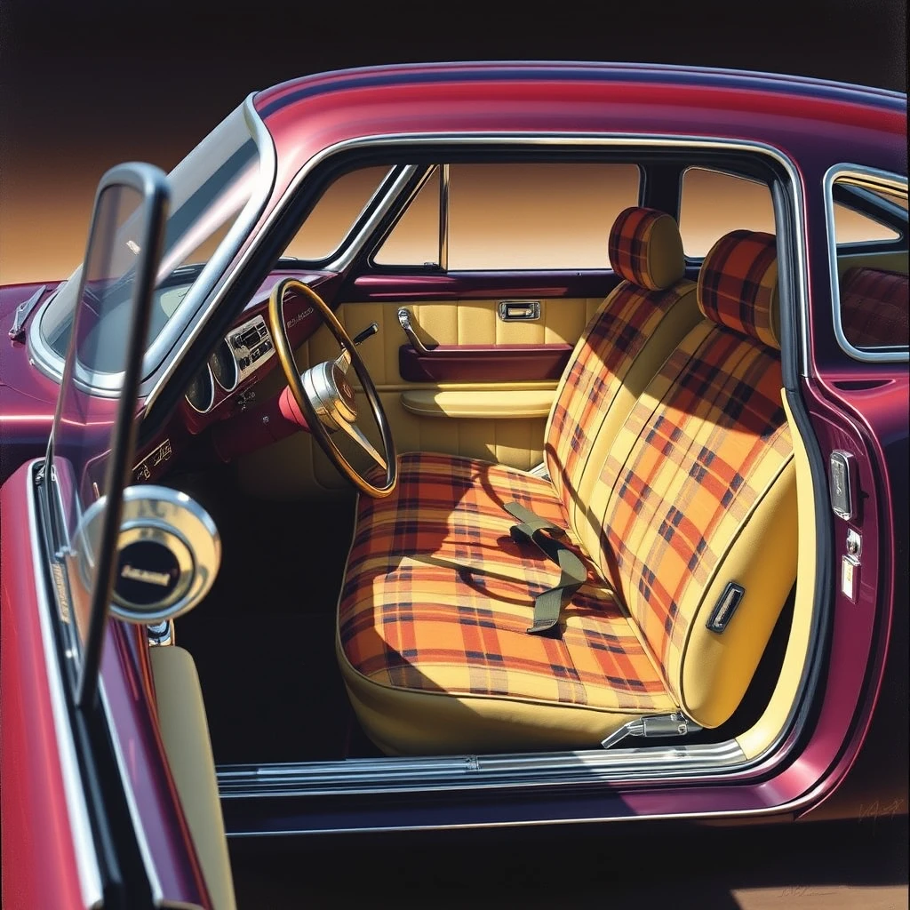 A concept car with a plaid cloth interior, as painted by Arthur Sarnoff. - Image