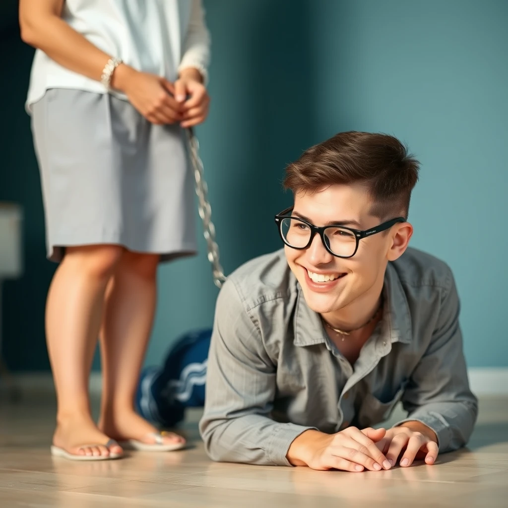 Can you generate an image of a woman standing while holding a chain connected to a collar that a man is wearing while crawling on the floor? The man is wearing glasses and smiling. He is young and a little plus-sized and has short hair. Both subjects are of Caucasian descent. Please show both people. - Image