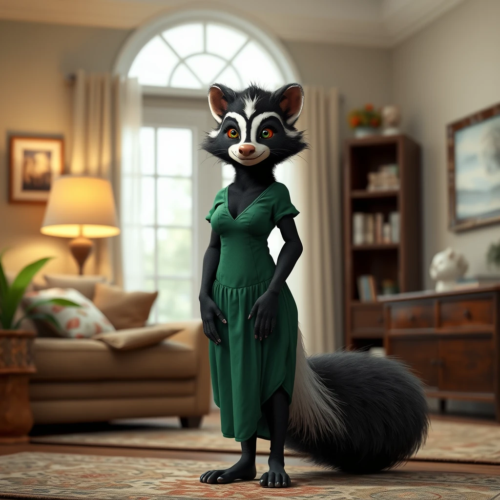 an anthropomorphic female human skunk wearing a green dress, with a human-like face standing in a living room