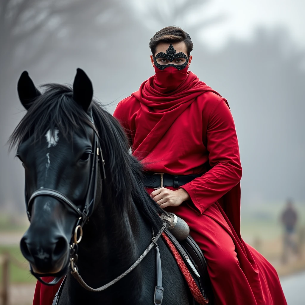 A handsome man in a red outfit, wearing a mask that covers half of his face, rides a black steed, full body shot, distant view.