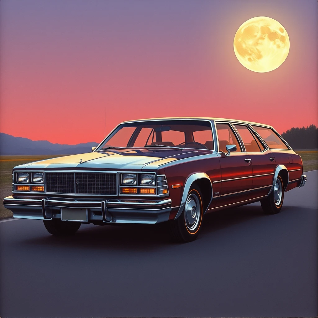 Front corner view, a 1980s retro-futuristic station wagon concept, a painting by Syd Mead, sleek, moon setting. - Image