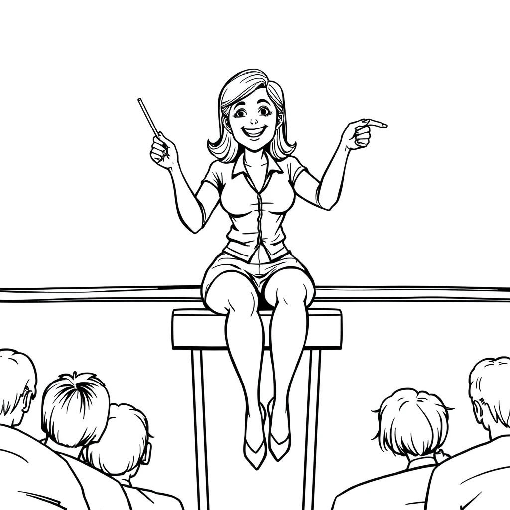 Comic line art, a teacher sits on the podium with her legs wide open, she points her bottom with a stick and smiles at the students. - Image