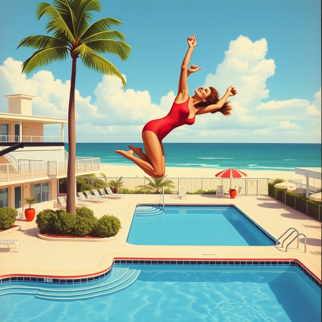 A Miami Beach postcard featuring a woman in a one-piece swimsuit, doing a cannonball dive from the diving board into a motel swimming pool, from 1956, as painted by Arthur Sarnoff, wide, landscape view. - Image