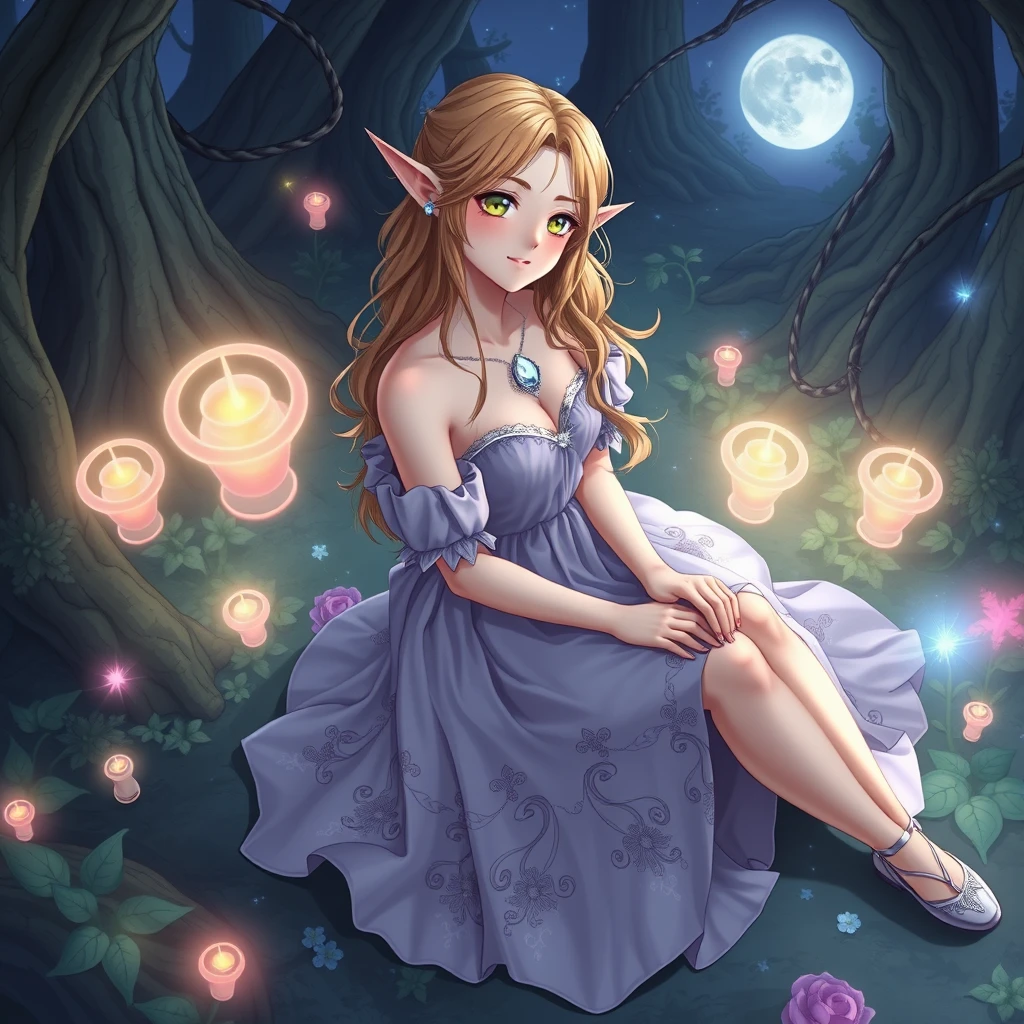 Wide shot from above sitting, between the legs, arm at side, head tilt, (enchanting elf with long pointed ears) young anime woman, slender build, high elf, fair skin, golden eyes, wavy hair, wearing a soft lavender luxurious elven dress, satin ballet shoes with ethereal motifs, elven ear cuffs, moonstone ring, silver eyeliner, leaf-shaped brooch, set in an otherworldly enchanted forest, with glowing plants, magical creatures, and an enchanting ambiance, in the moonlight, anime style.