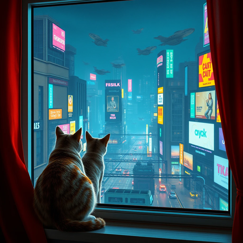 A cyberpunk city room window, a biochemical transformation cat's back sitting in the window, outside the window is the night scene of cyberpunk city, many flying vehicles and colorful billboards.  - Image