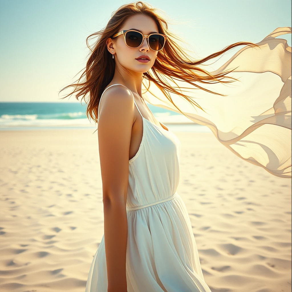 Beautiful woman in white summer dress standing at the beach, dress and hair flying in the wind, sun glasses, summer day, sunny, detailed sand textures, piercing eyes, perfect delicate face, perfect lips, Oil Painting, expressive brushwork, luminous color palette, and delicate details, Miki Asai Macro photography, close-up, hyper detailed, trending on artstation, sharp focus, studio photo, intricate details, highly detailed, by Greg Rutkowski.