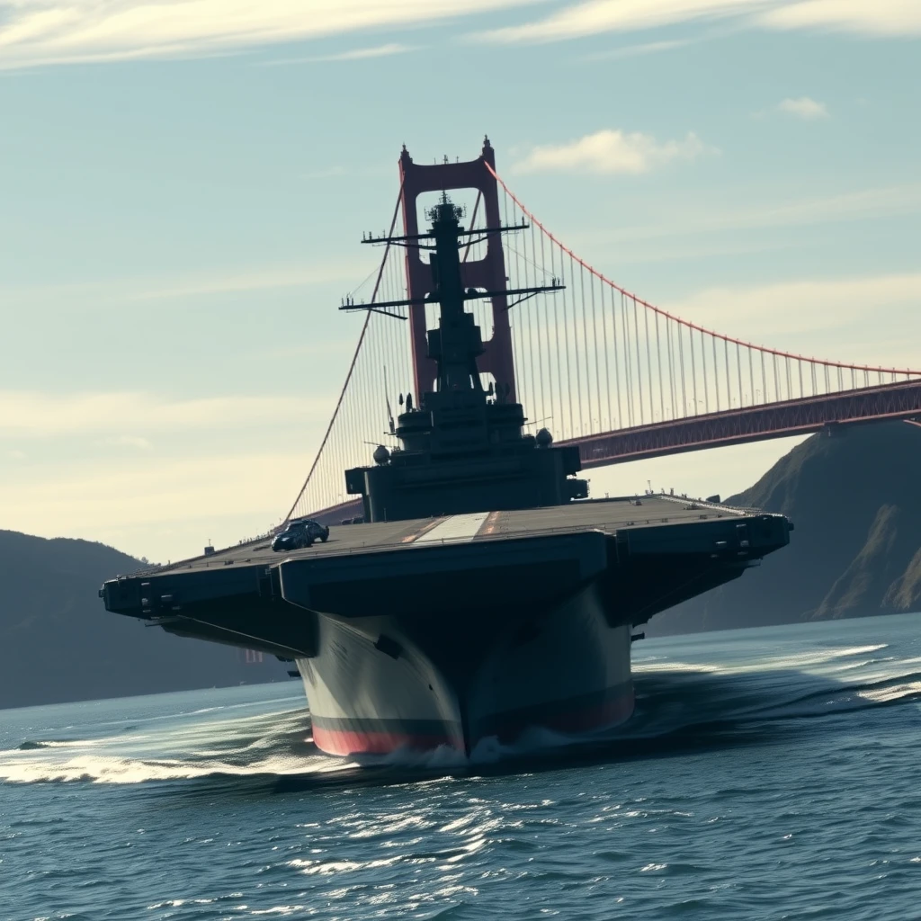 A high quality, photorealistic image of a massive, near-future nuclear aircraft carrier moving under and perpendicular to the Golden Gate Bridge into the San Francisco Bay.