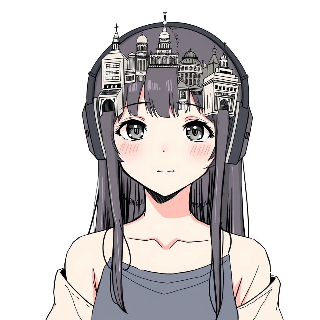 A girl from the waist up, with a head that features architectural illustrations, wearing headphones. - Image