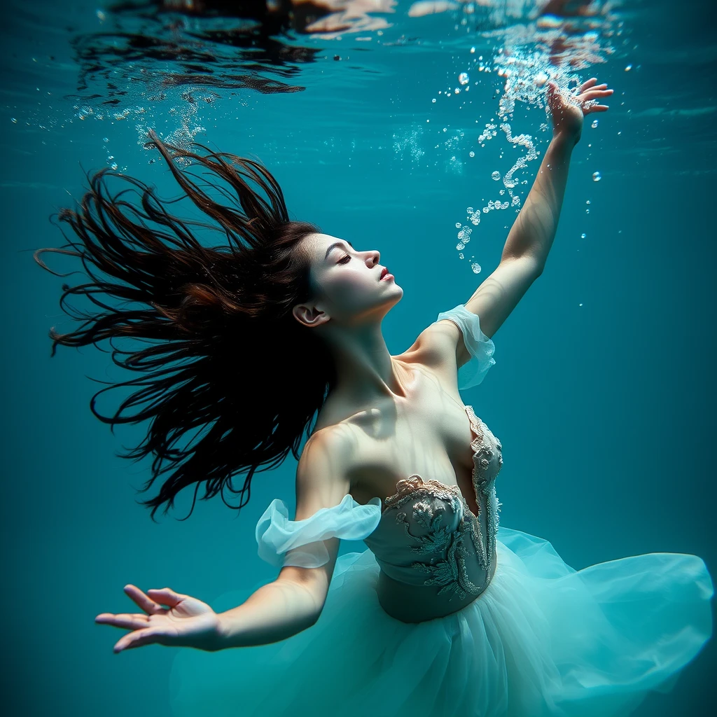 A symbolic photo: A young woman dancing underwater. Life and sensitivity. Perfection. Beauty.