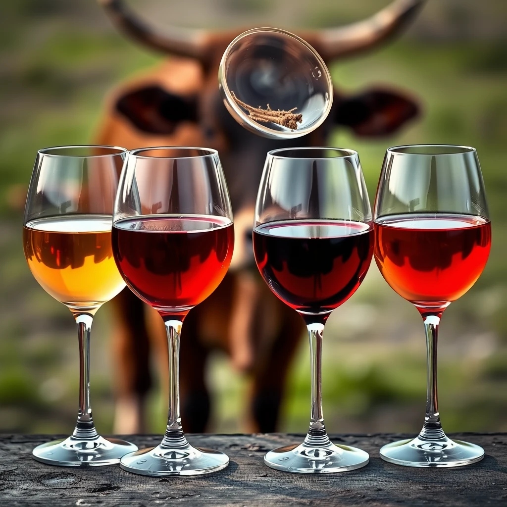 4 glasses of wine, one of which is upside down, with a blurry background of a cow. Shot on Canon EOS. - Image