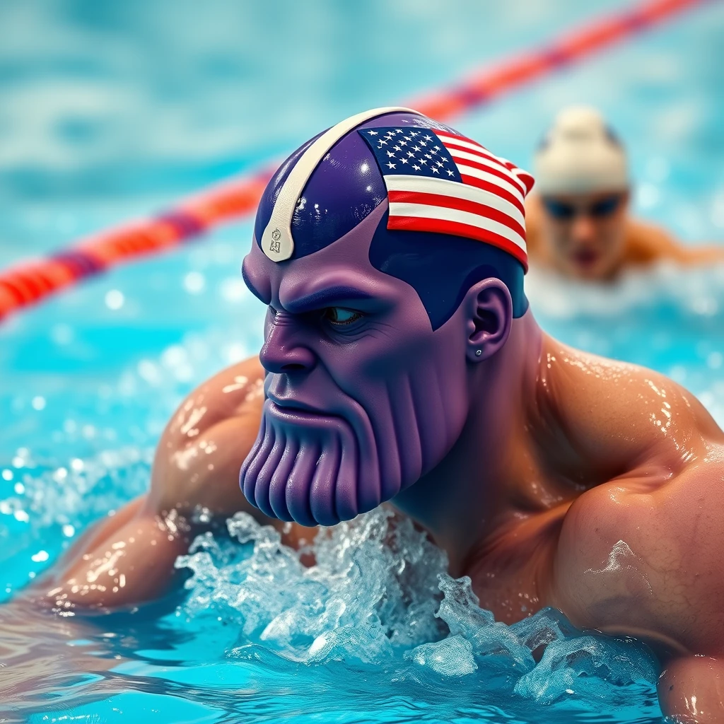 "A Thanos with a purple head is swimming in a competition, wearing a swimming cap with the American flag, in a realistic style, demonstrating swimming movements, in a panoramic photo." - Image