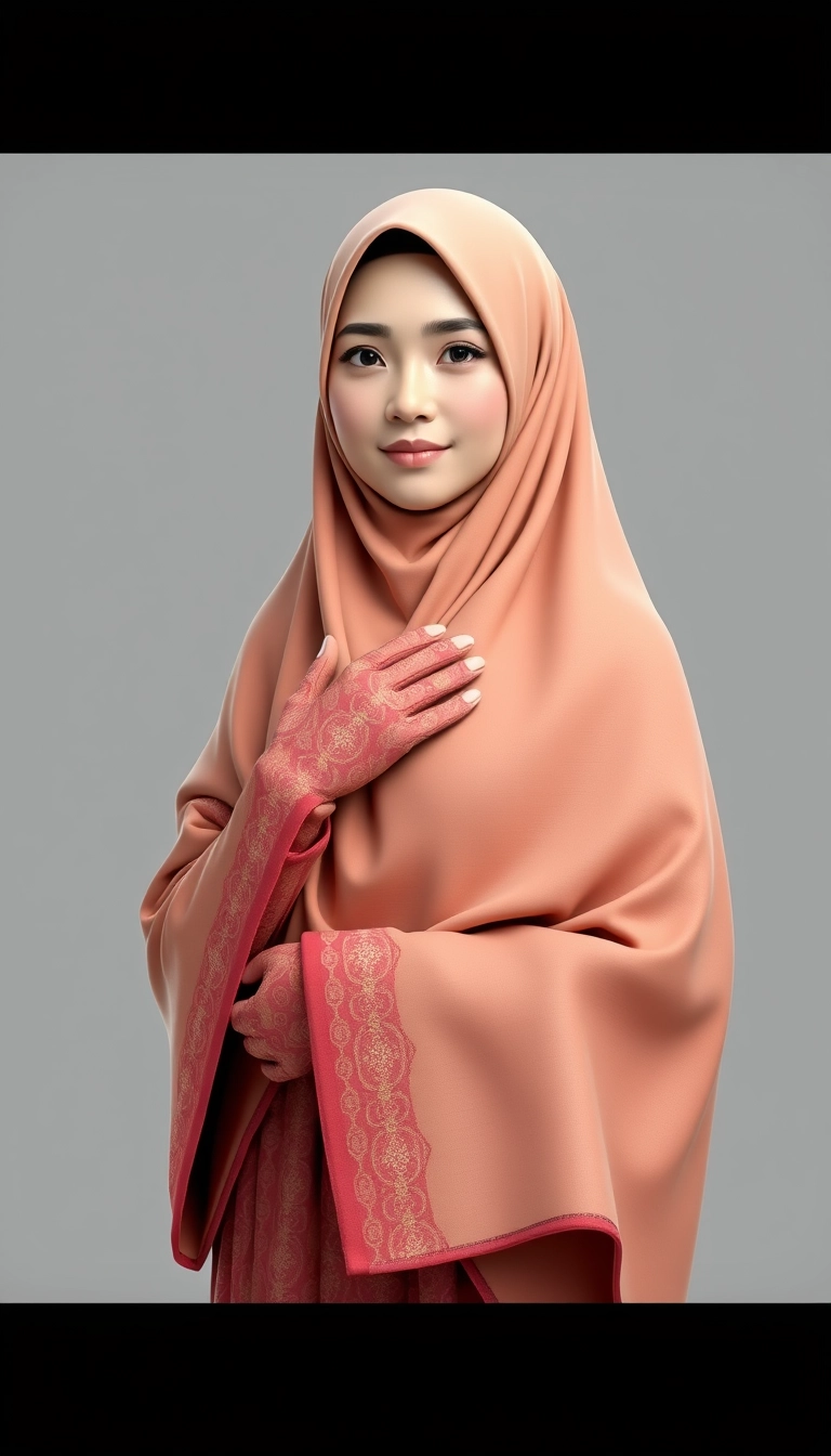 A 3D, 8k depiction of a Muslim woman from Palembang, wearing a traditional long songket and a long gown (gamis). She is adorned with a hijab that covers her chest and wears batik gloves covering her hands.