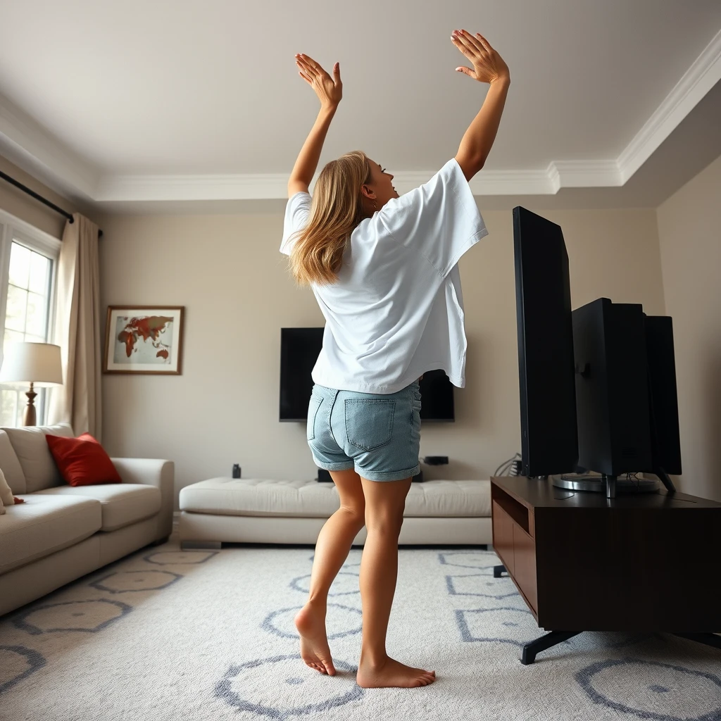 Side view angle of a skinny blonde woman in her large living room, wearing an incredibly oversized white t-shirt that hangs unevenly on one shoulder, and oversized light blue denim shorts. She is barefoot and facing her TV, diving headfirst into it with both arms raised beneath her head and legs elevated high in the air at a 60-degree angle, already halfway through the TV screen.