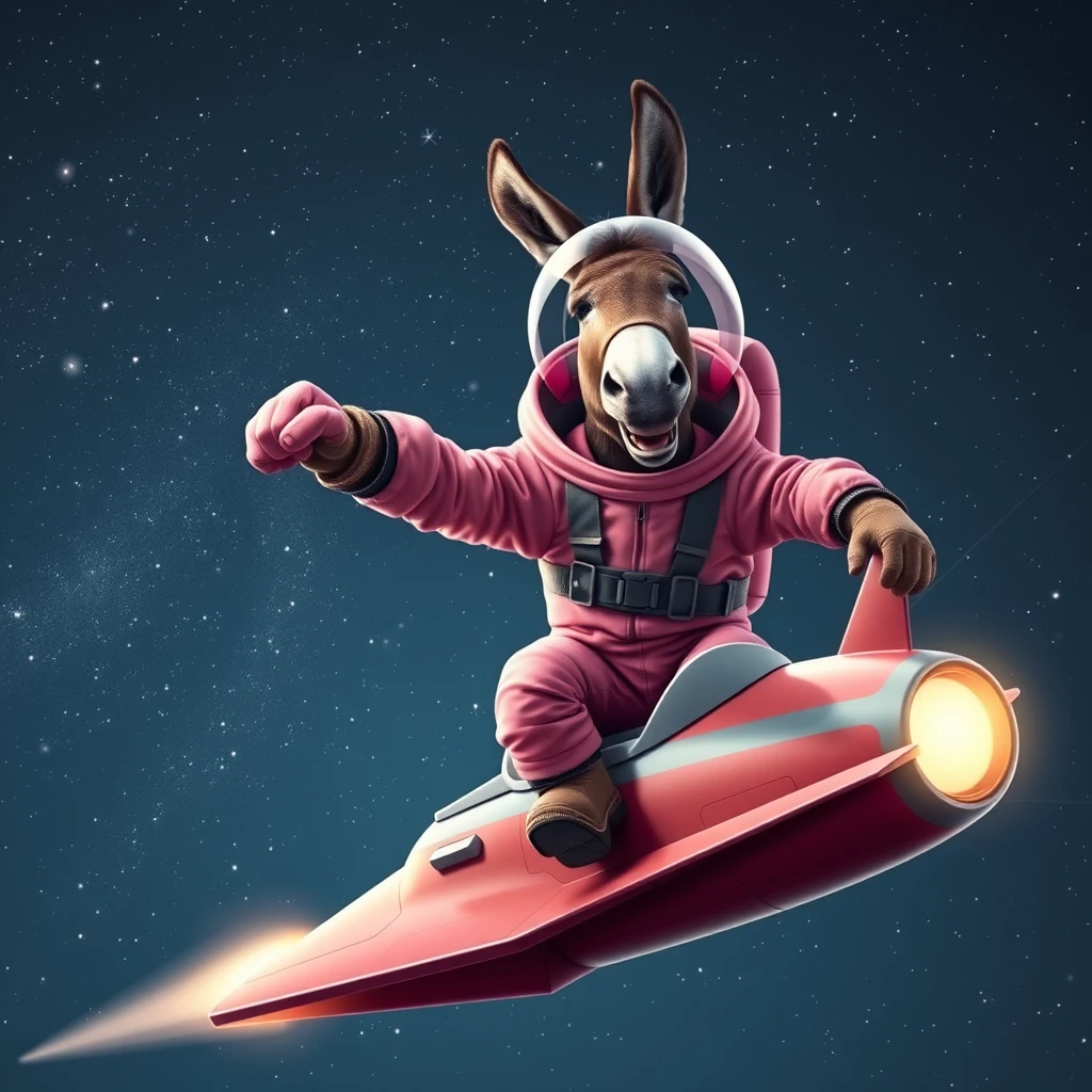 An ambitious donkey wearing pink astronaut costume, riding on a stunning spaceship, making a punching gesture, flying to the outerspace under a clear night sky with lots of shining stars. Realistic style. - Image