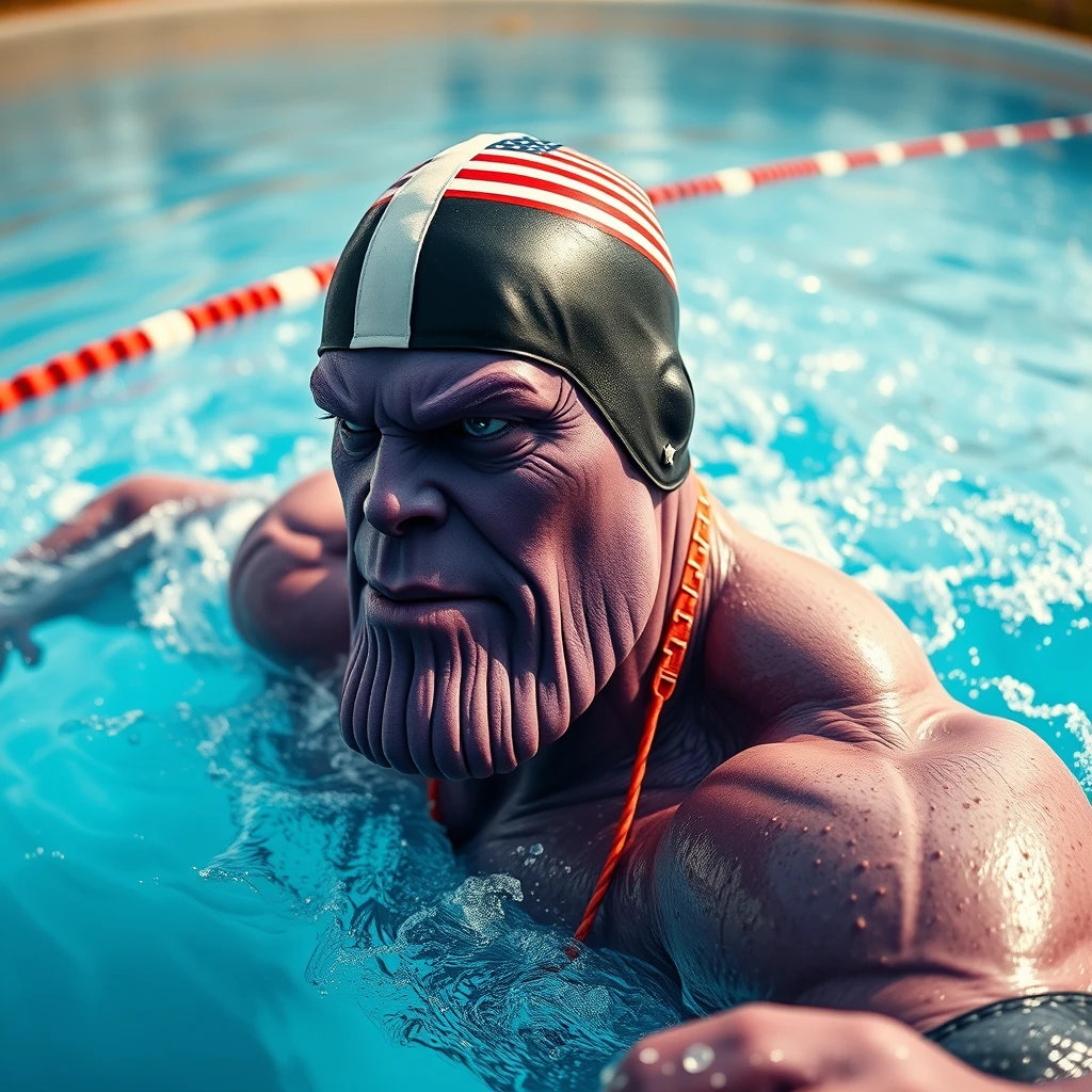 Only Thanos with a purple face is swimming in a realistic style, wearing a swimming cap with the American flag, in a swimming motion, panoramic photo.