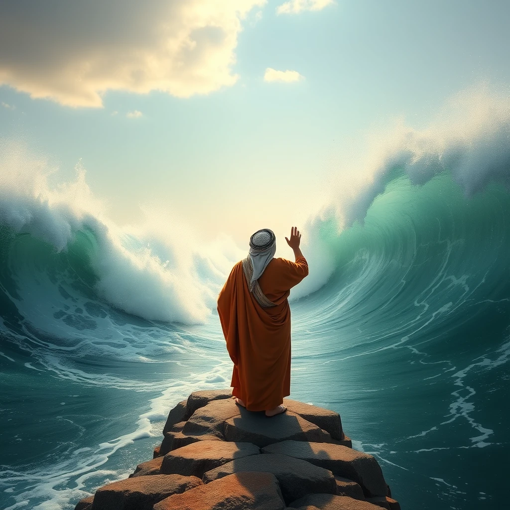 An ancient Arab man split the sea into two parts so that the waves rose very high to the left and right.