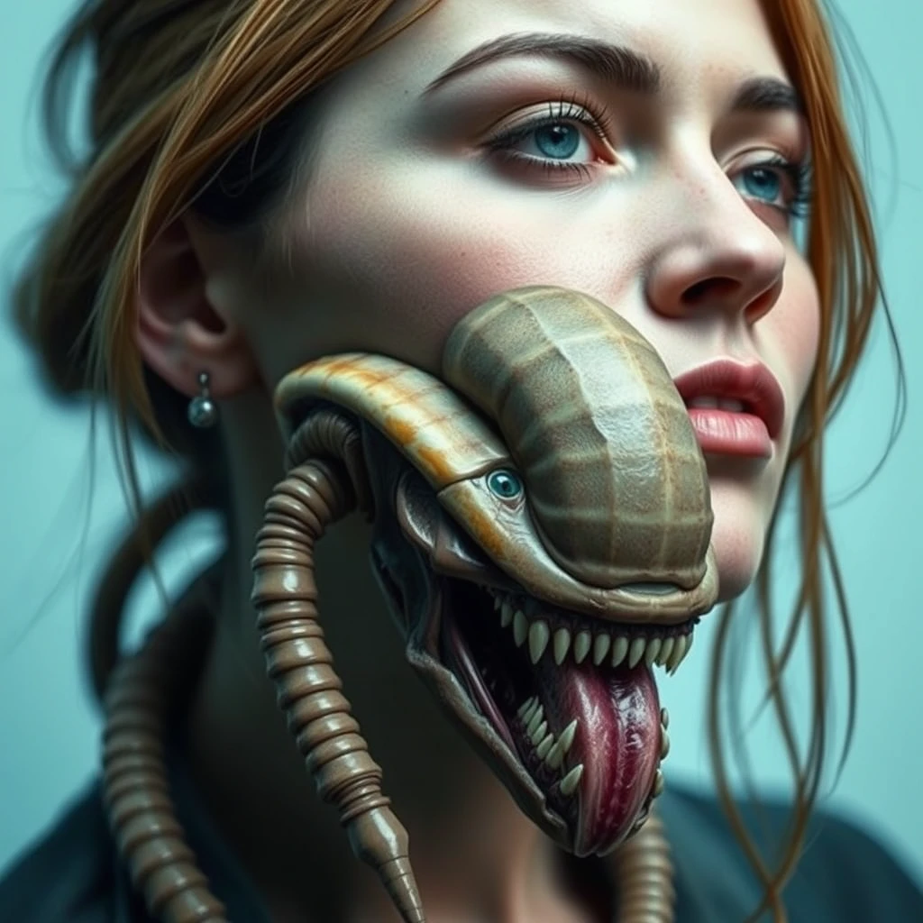 A woman with a facehugger (alien franchise) attached to her face and neck. - Image