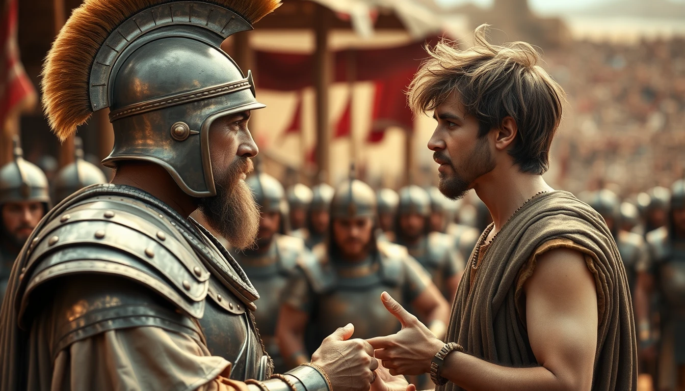 Create an image of two men arguing while onlookers crowd around. The man on the right is a young man with messy unkempt hair and a short beard, wearing just a simple biblical-era shepherd’s tunic. The young man's face looks troubled as he intently gazes into the eyes of the man he is arguing with, gesturing with his right hand, palm facing skyward, as if explaining something to a middle-aged Mesopotamian king. The king is clad in a full suit of Bronze Age Mesopotamian armor, including a conical helmet with a pointed tip. The armor consists of layers of laminated strips of bronze. In the background, a blurred crowd of soldiers, also wearing armor similar to the king's, can be seen. Further back on the horizon, there is a blurred gathering of a large biblical-era army.