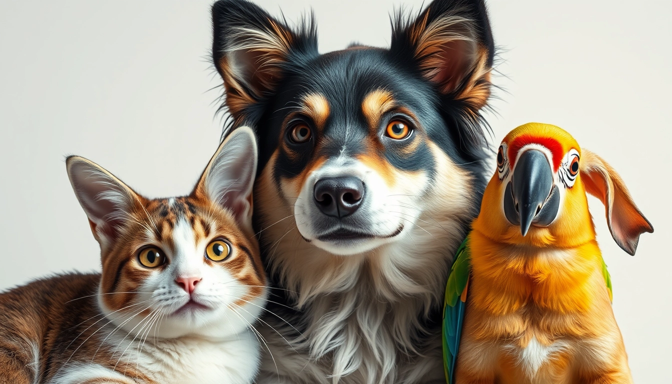 Cat with rabbit with dog with parrot Dramatic lighting against white background. Hyper-realistic, high-resolution image, expressive features and coloration.