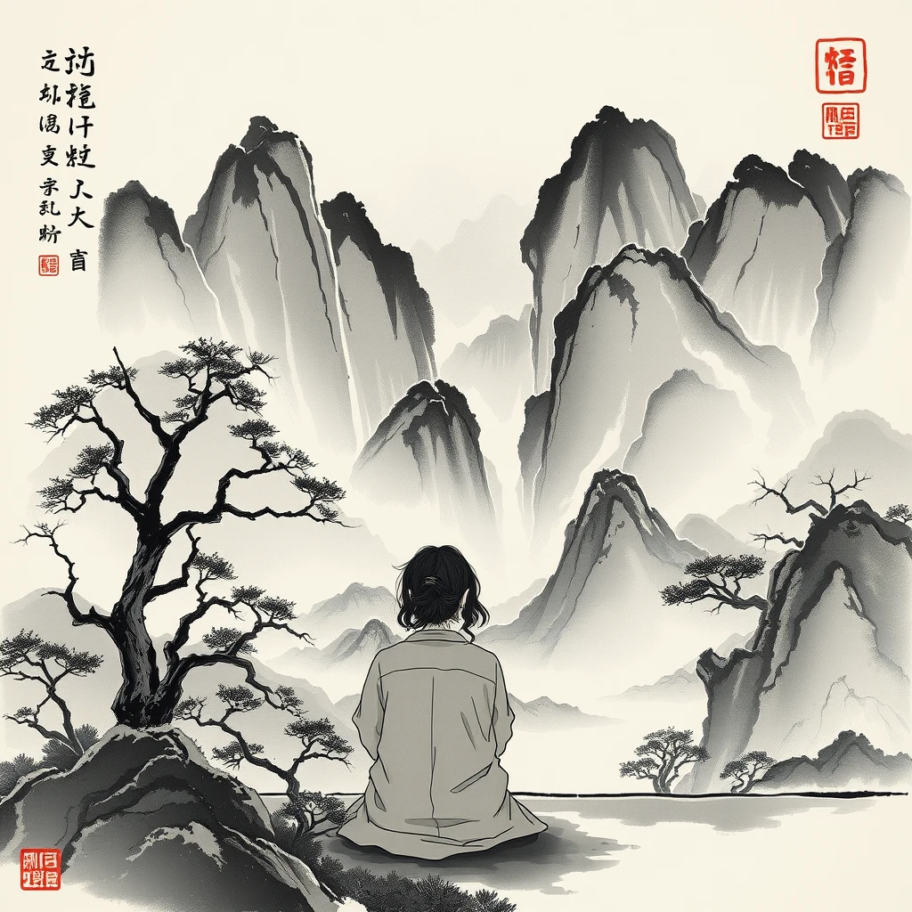 Sitting in front of the Chinese landscape ink painting, anime.