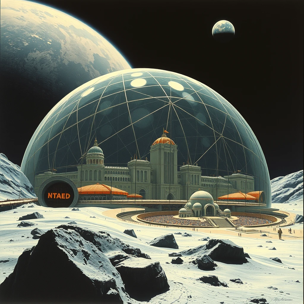 A retro-futuristic city covered by a 90km diameter geodesic glass dome, on the moon, as painted by Syd Mead, shallow arc, earth in the background.