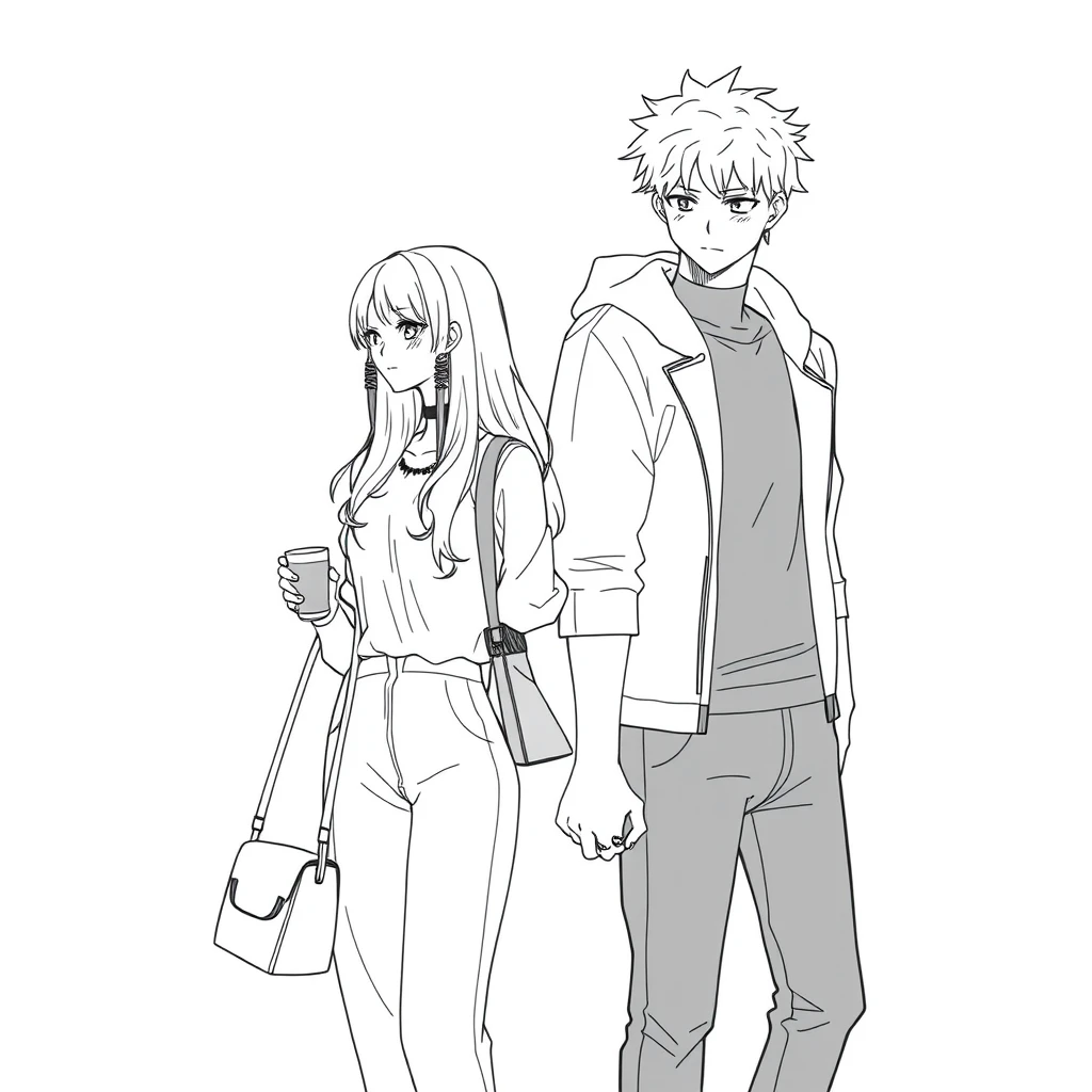 anime lineart, young woman in fashion standing with a tall handsome boy, she is leaning on the boy, simple background, cup, handbag, hand in hand, daily life