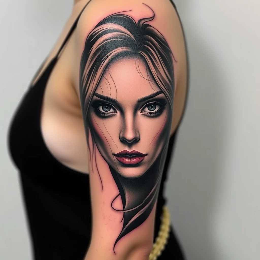 Arm tattoo, a beautiful mysterious woman's face with thick paint strokes, double lines, optical illusions, sleeve tattoo style, sultry looking. - Image