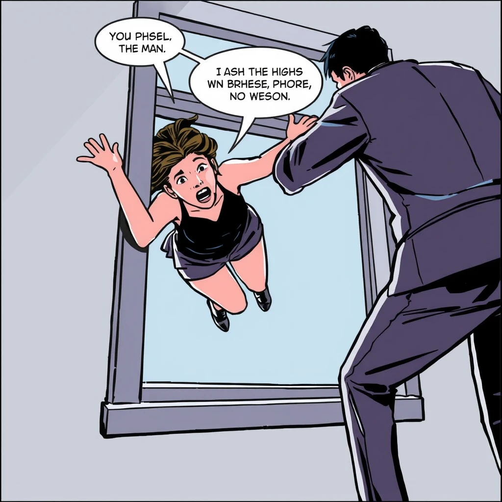 The woman is pushed out of the window by the man, panicking and looking down. comic.