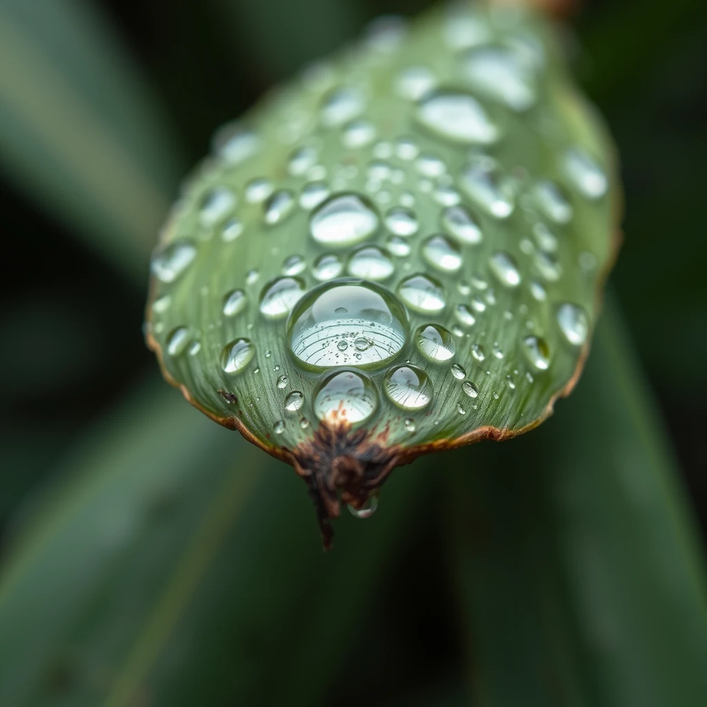 Water droplets on coconut leaf, detailed, high resolution, professional long shot. - Image