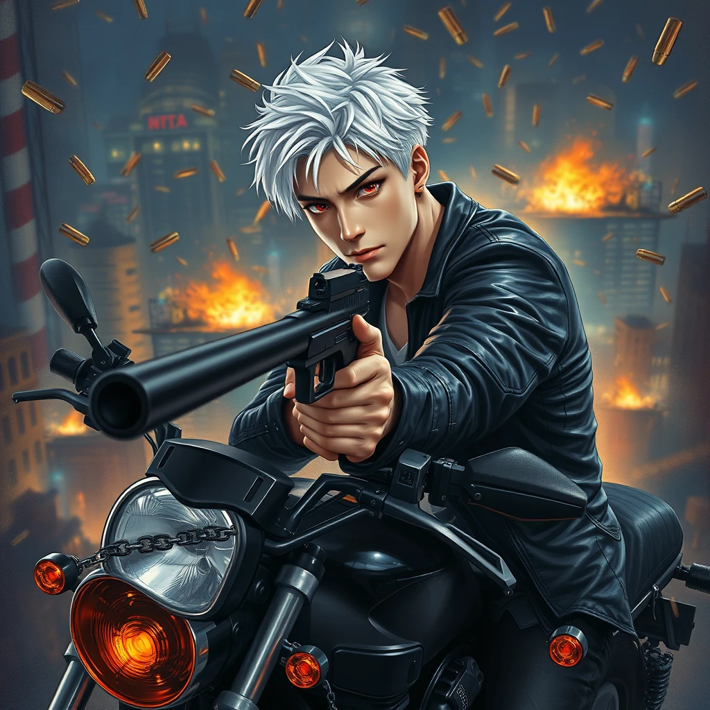 An adult male is leaning on a black motorcycle, holding a gun aimed at the camera. He has short white hair, red eyes, a black leather jacket, a muscular figure, a playful gaze, a city night scene, high altitude, flames, explosions, black series, flying bullet shells everywhere, iron chains, messy hair, a character facing the camera, upper body, movie-level lighting, thick painting style, ultimate color application, oil painting texture, Van Gogh style, Impressionist style, delicate brushstrokes, unclear lines, brilliant colors, soft light and shadow, 2.5D dimension.