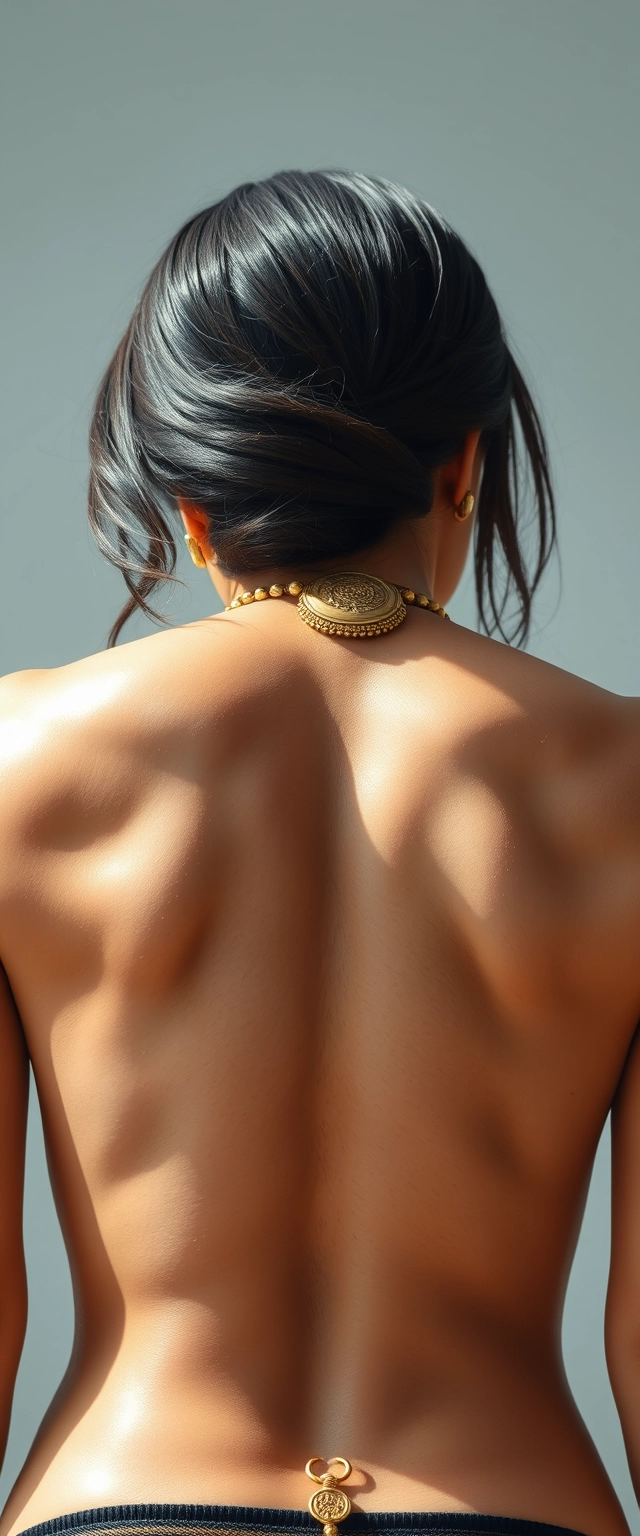 Close-up view of an unrealistically highly muscular back with big shiny muscles of a tall Korean-Latino woman, hair spread, wearing gold ornaments on her waist and neck. - Image